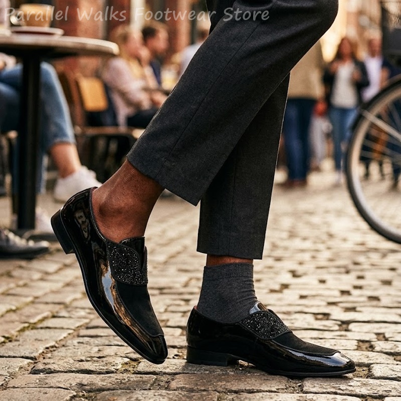 Men'S Shoes Smart - 남성용 블랙 에나멜 인조 스웨이드 라인스톤