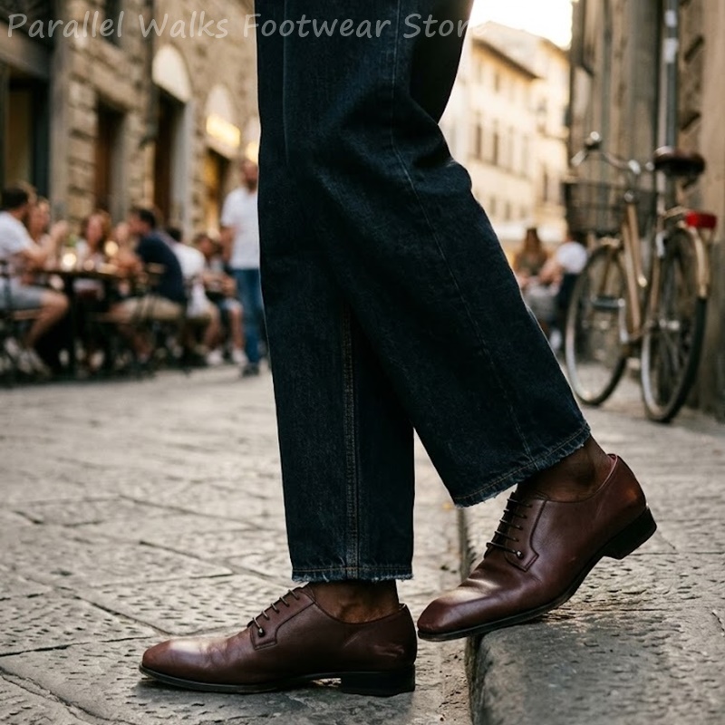 남성용 짙은 갈색 가죽 더비 슈즈, 스퀘어 토 레이스업 - Men'S Shoes Smart 리뷰 및 가격